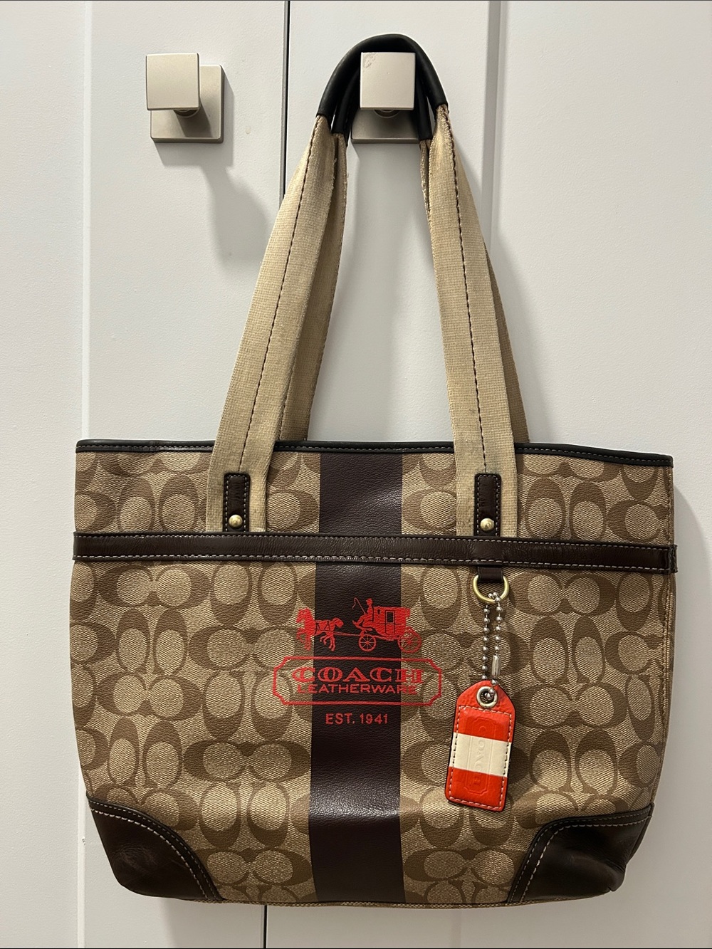 Coach Heritage Tan Signature Canvas Tote with Red Logo and Orange Tag